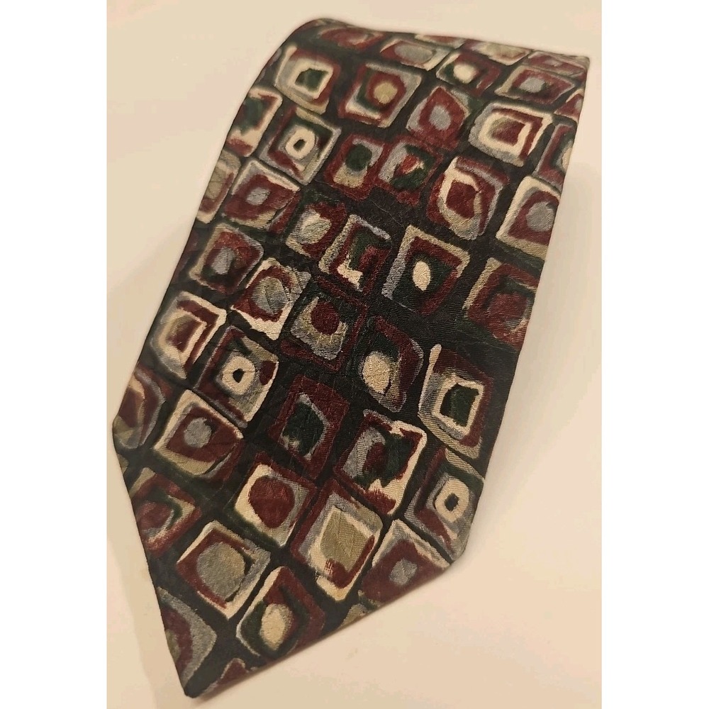 LANDS END MENS TIE BLACK WITH BURGUNDY GREEN BEIGE 3.5 X 63 EXTRA LONG